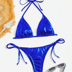 SHEIN Metallic Royal Blue Triangle Tie-Side Bikini